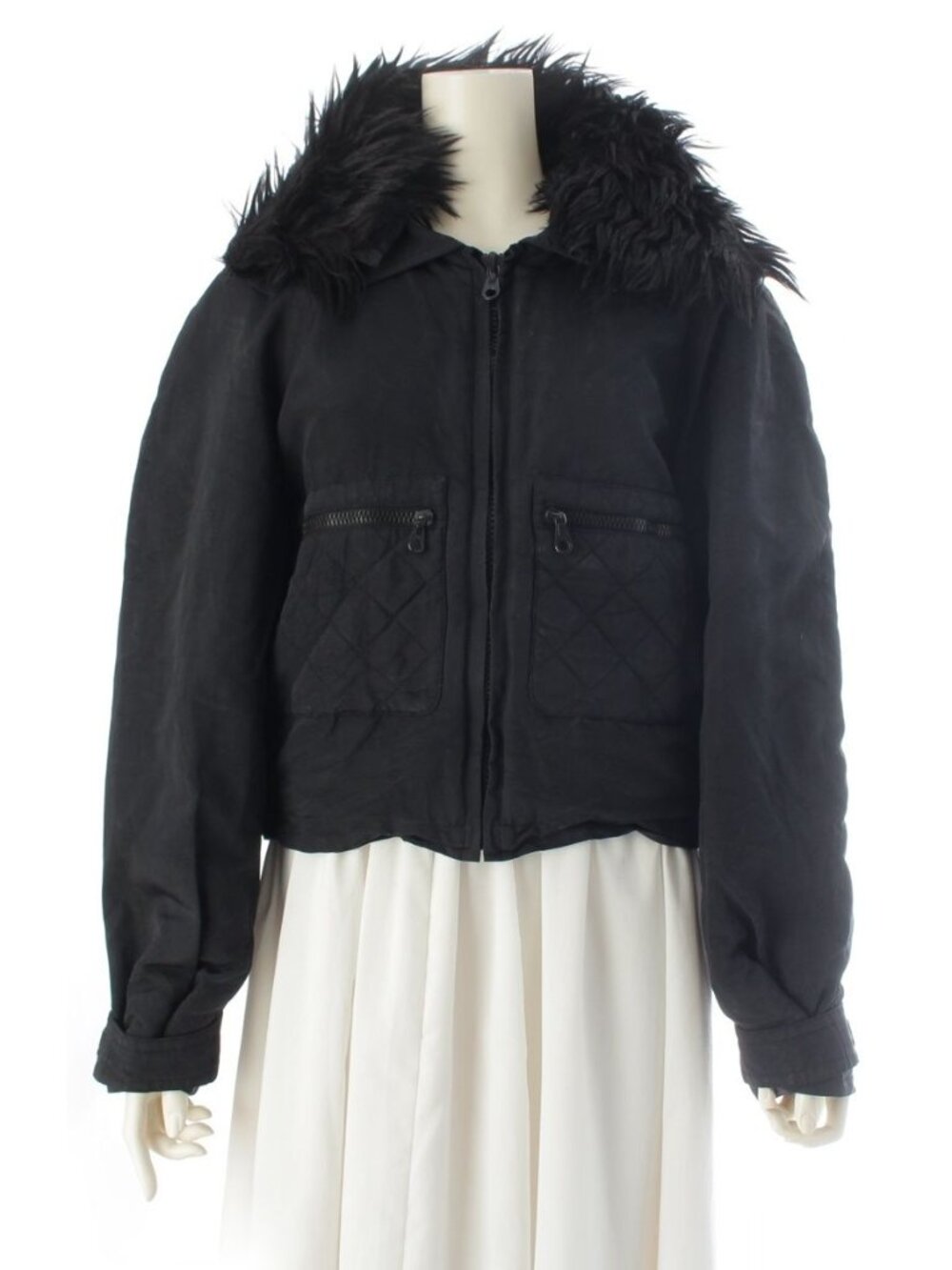 Chanel Silk Fur Collar Quilted Jacket Logo Black 44